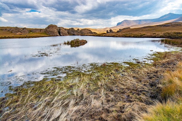 Travel to Lesotho Algae and aquatic vegetation in a pond in Sehlabathebe National Park