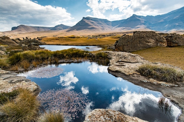 Travel to Lesotho Ponds grassland and rock formations and hills of Sehlabathebe National Park