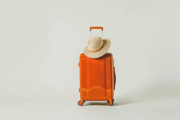 Photo travel mockup with orange suitcase and straw hat on white background