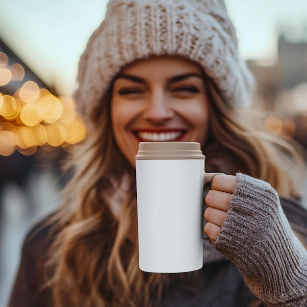 Photo travel mug mockup in travel atmosphere