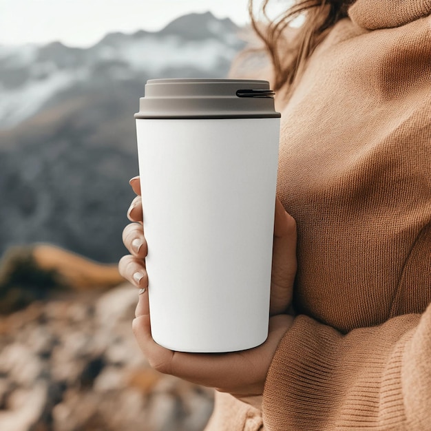 Photo travel mug mockup in travel atmosphere