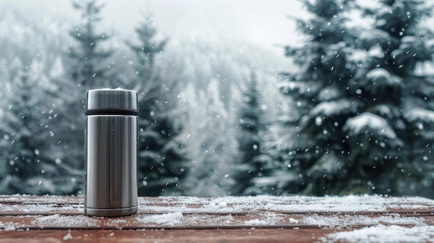 A travel mug stands on a snowdusted table with a backdrop of snowcovered pine trees