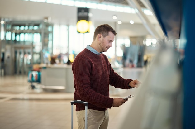 Photo travel passport and man in airport commute and opportunity for vacation break and getaway tourism male traveler and tourist with ticket check in and ready for trip international and document