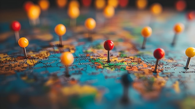 Photo travel pins on a world map