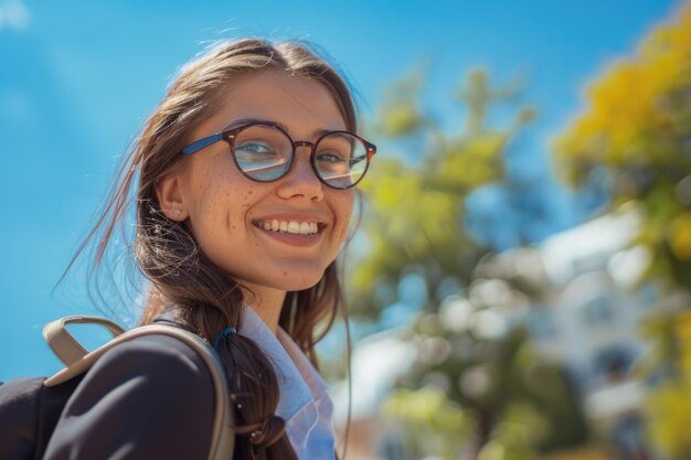 Travel Portrait Confident Business Woman in Suit with Glasses Smiling Outdoors