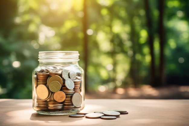 Travel savings in glass jar on wood table with blurred background copy space