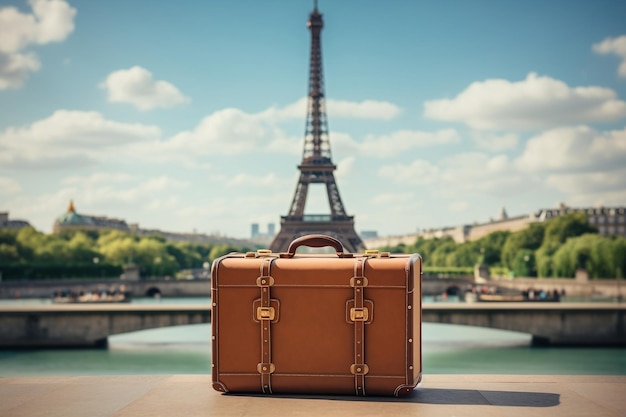 A travel suitcase against the backdrop of the Eiffel Tower Generative Ai