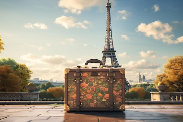 A travel suitcase against the backdrop of the Eiffel Tower Generative Ai