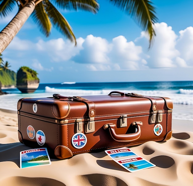 Travel suitcase on the beach among the trees