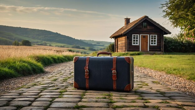 Travel suitcase on a cobblestone path leading to rural houses capturing a serene journey concept