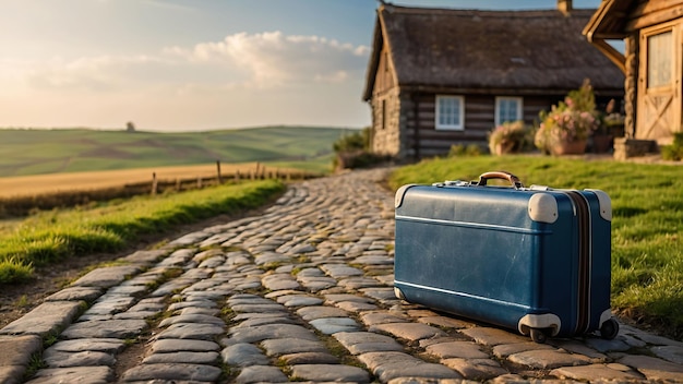 Travel suitcase on a cobblestone path leading to rural houses capturing a serene journey concept