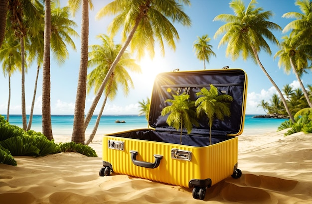 a travel suitcase nestled among palm trees on a beach