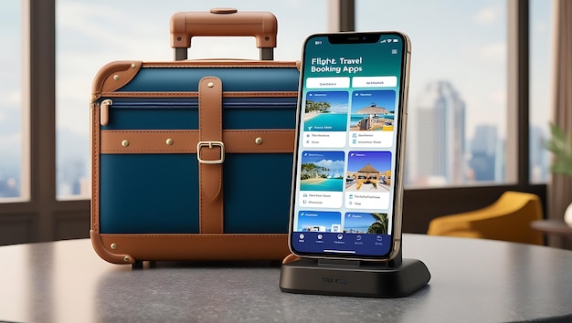 Travel Suitcase on Table with Smartphone Displaying Travel Booking App