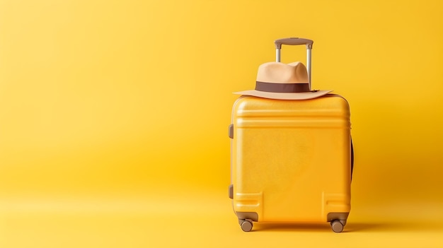 Travel suitcase with hat on yellow background