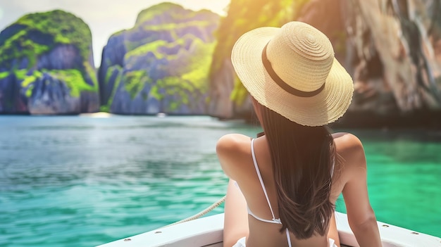 Travel summer vacation concept Happy solo traveler asian woman with bikini and hat r Generative AI