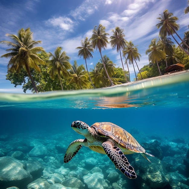 travel summer vacation underwater photography of a sea turtle island with palm trees