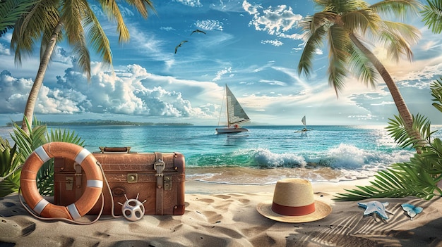 A travel themed background with beach sand palm trees and sea view a suitcase on the ground