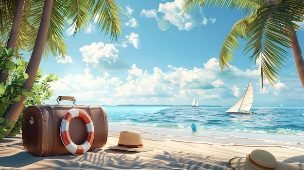 A travel themed background with Summer beach accessories Blur azure sea on background