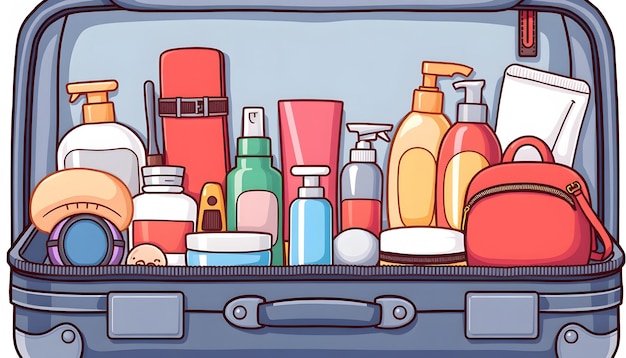 Travel Toiletries and Accessories Neatly Organized in a Suitcase isolated with white highlights