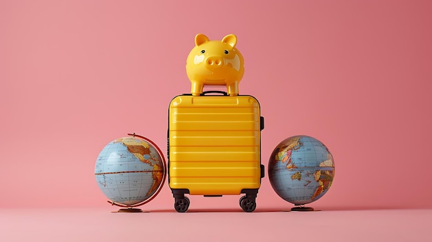 Photo travel trip concept plastic travel suitcase and piggy bank globe on pink background