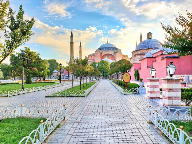 Travel to turkey concept summer square in front of the sultan ahmed blue mosque in istanbul