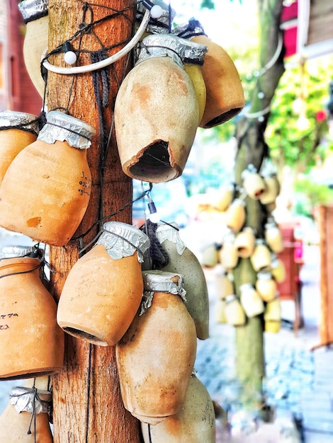 Travel to turkey concept traditional handmade decoration clay pots hanging on street