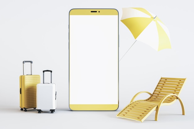 Travel vacation business trip and tourism concept with modern blank white smartphone screen for text or logo and suitcases with sunbed on light background 3D rendering mock up