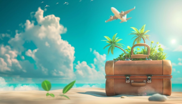 travel vacation suitcase palm trees and plane on background blue sky vector illustration