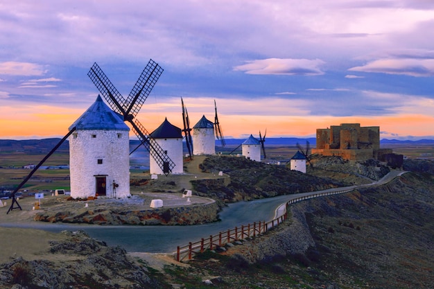 Travel vacation view of windmills in Castilla la mancha Spain