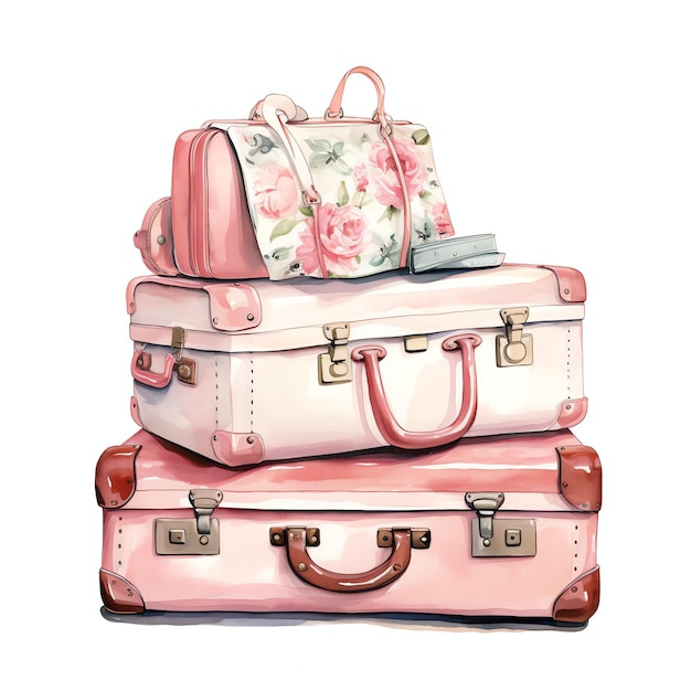 Travel vintage suitcases watercolor illustration travel clipart