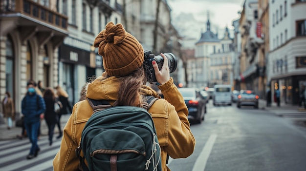 Photo travel vlogger exploring a new city capturing the sights and sounds and sharing travel tips and experiences with their audience