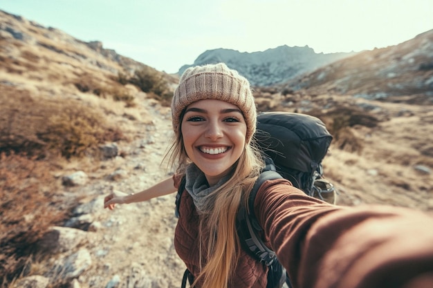 Photo travel vlogger taking a selfie on a scenic hiking