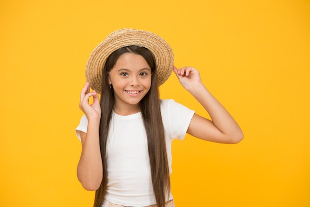 Travel wardrobe Panama hat will be useful this summer Summer vacation outfit Ready to relax Teen girl summer fashion Little beauty in straw hat Beach style for kids Visit tropical islands