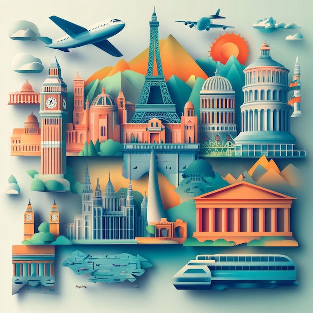 Photo travel the world famous landmarks collage with airplane and train