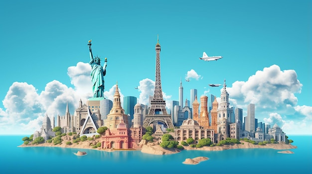 Travel world landmarks on the background of blue sky