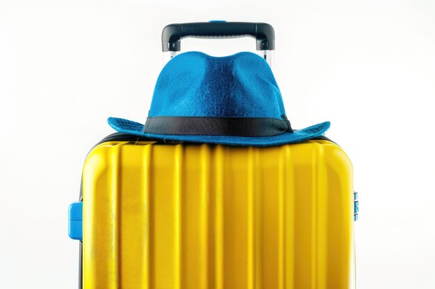 Photo travel yellow suitcase with blue hat isolated on white background plastic travel suitcase with hat