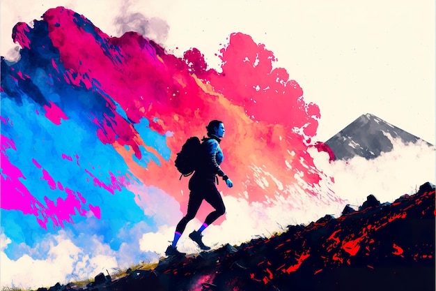 A traveler climbs the mountains near the explosion