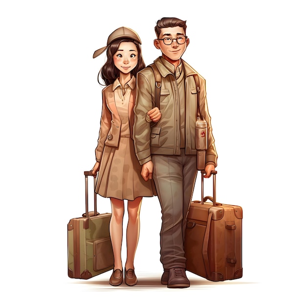 Traveler couple with suitcases Cartoon vector illustration isolated on white background