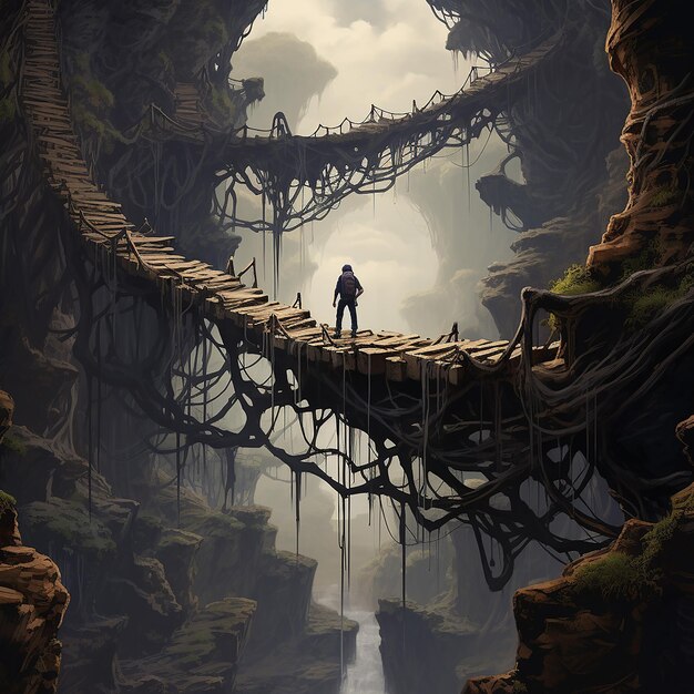 A traveler crosses a dilapidated bridge made of intertwined ropes that spans a cliff