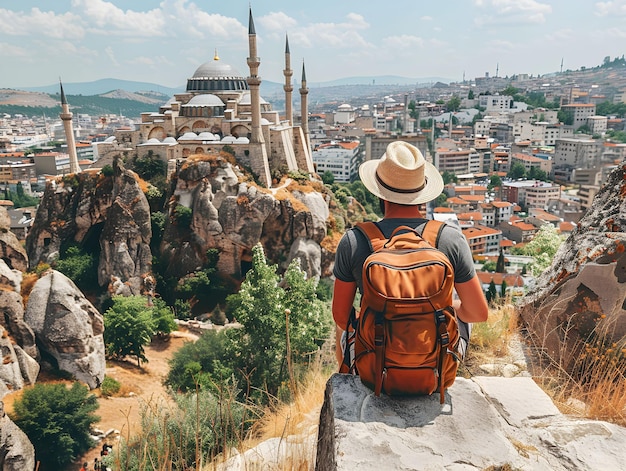 Photo a traveler enjoys a scenic view of the historic castle and city skyline in turkey while sitting