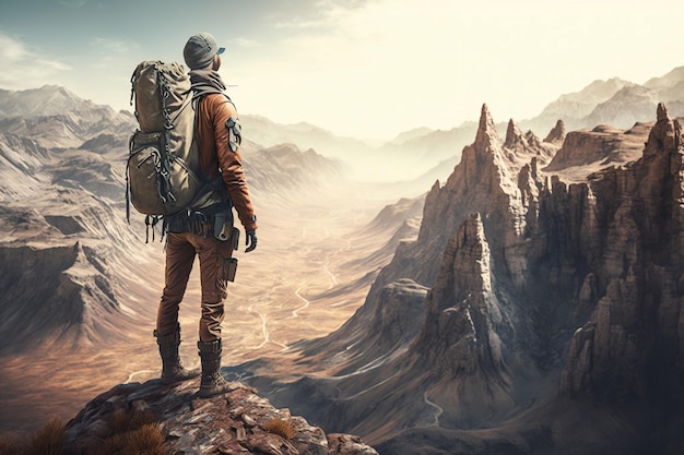 Traveler or explorer with backpack standing on mountain cliff Generative Ai