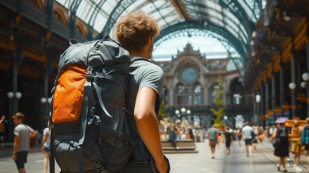 Traveler Exploring Historic Train Station Backpack Adventure