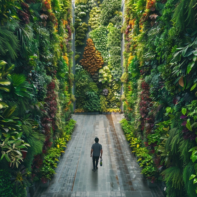 a traveler exploring a vertical garden in a botanical garden