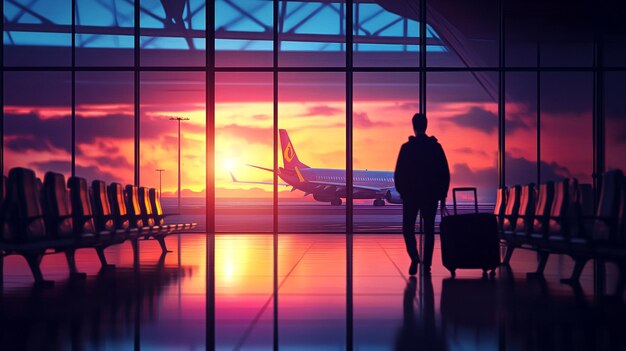 A traveler gazes at a sunset while waiting at the airport terminal for their evening flight