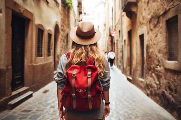 Traveler girl exploring the streets of old town in spain