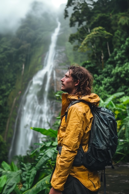 A traveler hiking through lush green forests to discover hidden waterfalls Man with backpack admirin