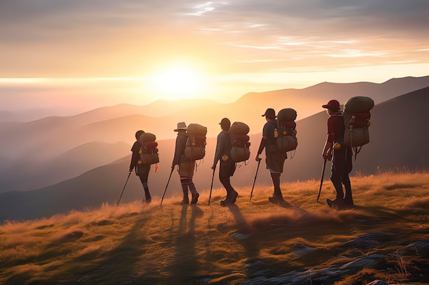 Traveler hiking with backpacks AI technology generated image