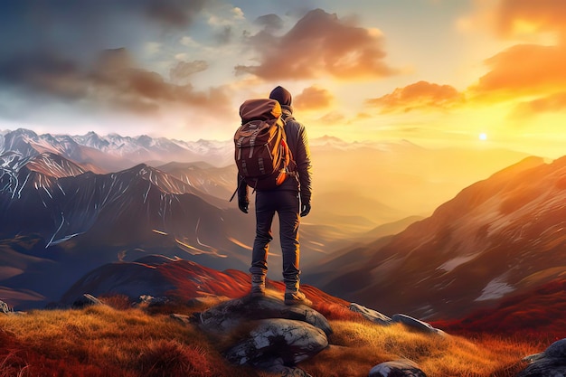 Traveler hiking with backpacks AI technology generated image