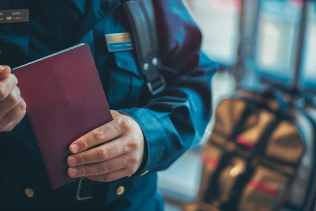 Photo traveler holding a passport in airport with blurred lights and people in the background