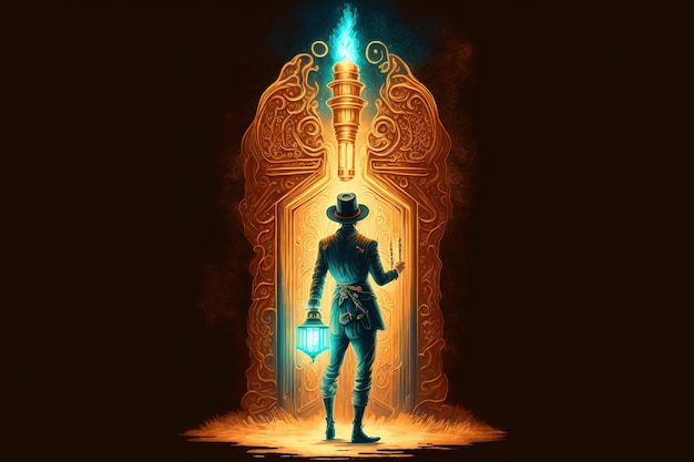 The traveler is standing near a mysterious passage in the wall The adventure man with a torch standing and looking at a large keyhole on the brass wall Digital art style illustration painting